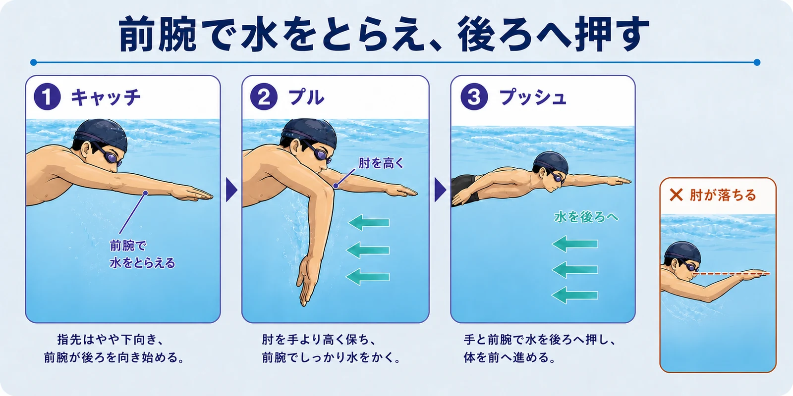 クロールの腕の動きをキャッチ、プル、プッシュの3段階で示した図。肘を高く保ち前腕で水をとらえて後方へ押す動作と、肘落ちの注意例を示している