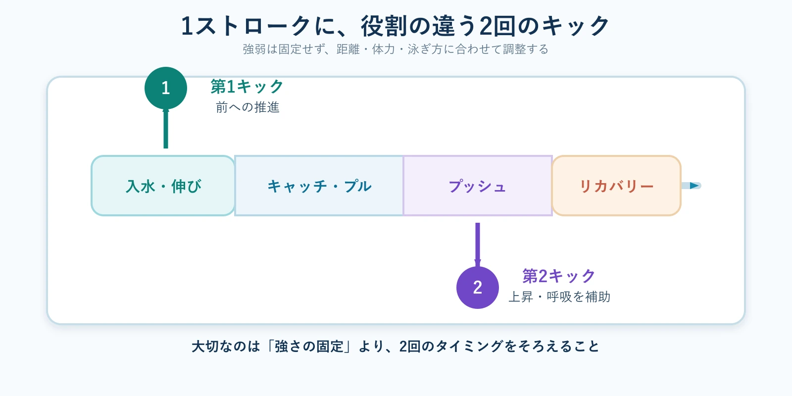 バタフライ1ストロークの時間軸。入水と伸びで打つ第一キックは前への推進、プッシュで打つ第二キックは上昇と呼吸の補助を担うことを示している