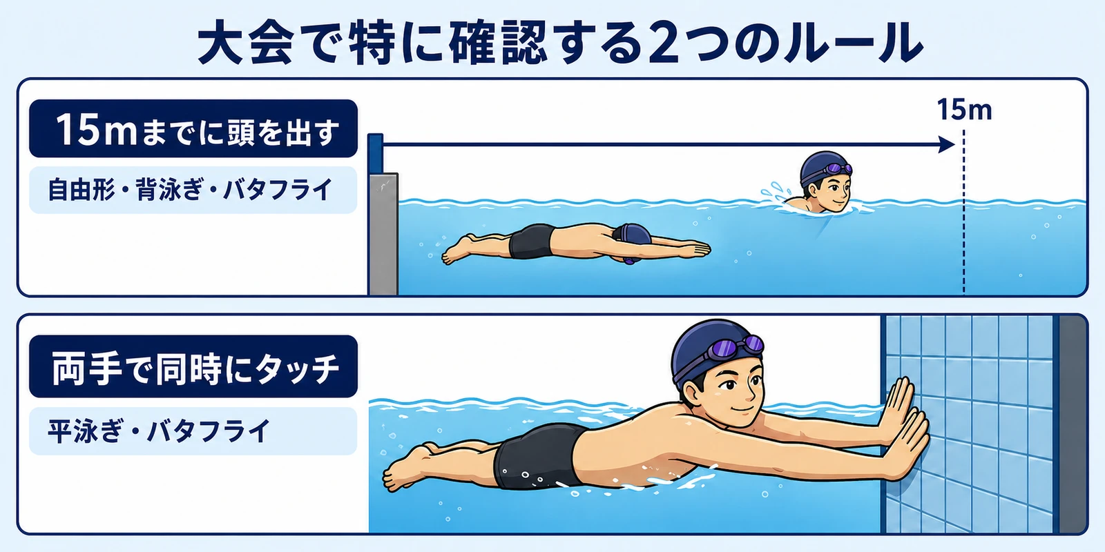 上段で自由形・背泳ぎ・バタフライはスタートやターン後15mまでに頭を水面へ出すこと、下段で平泳ぎ・バタフライは壁へ左右の手を同時につけることを同じ男性スイマーのアバターで示した図