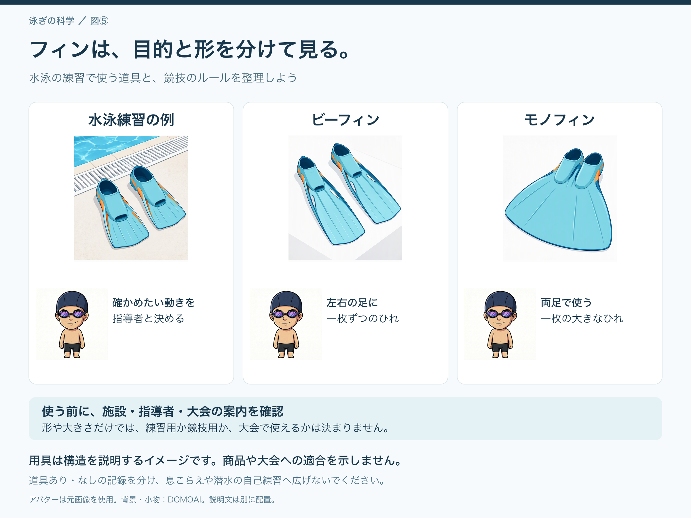 練習に使う左右一組のフィン、左右別々のビーフィン、二つの足入れがある一枚のモノフィンを比較。使う目的と道具の形、競技のルールを分けて確認する。