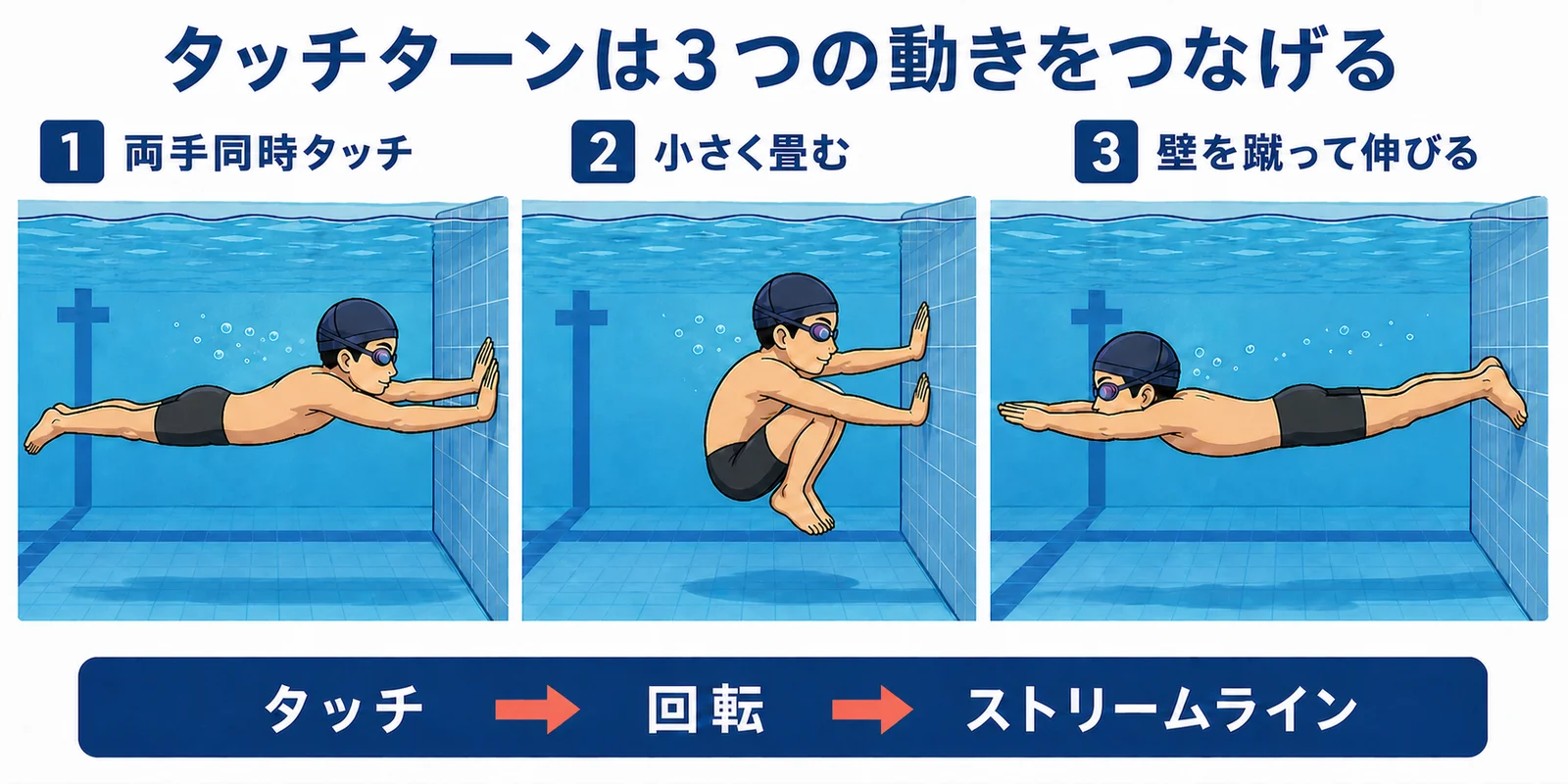 同じ男性スイマーのアバターが、両手で同時に壁へ触れる、両手を壁につけたまま両膝を曲げる、両足で壁を蹴って反対方向へ伸びる動作を示す3分割図