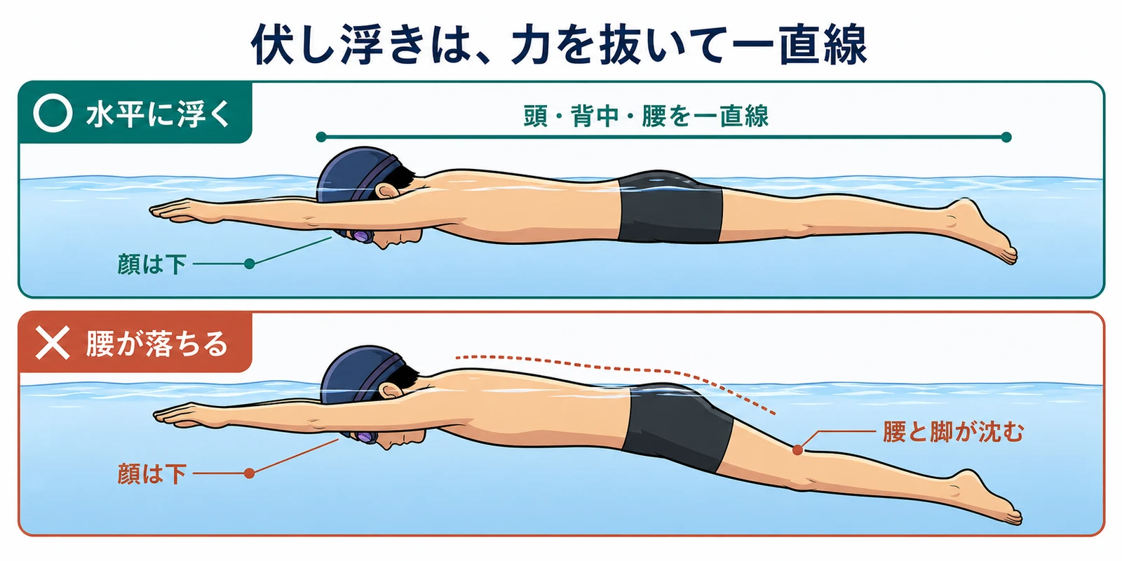伏し浮きの側面比較図。頭から足まで水平な姿勢と、顔は下のまま腰と脚が沈んだ姿勢を上下に並べている