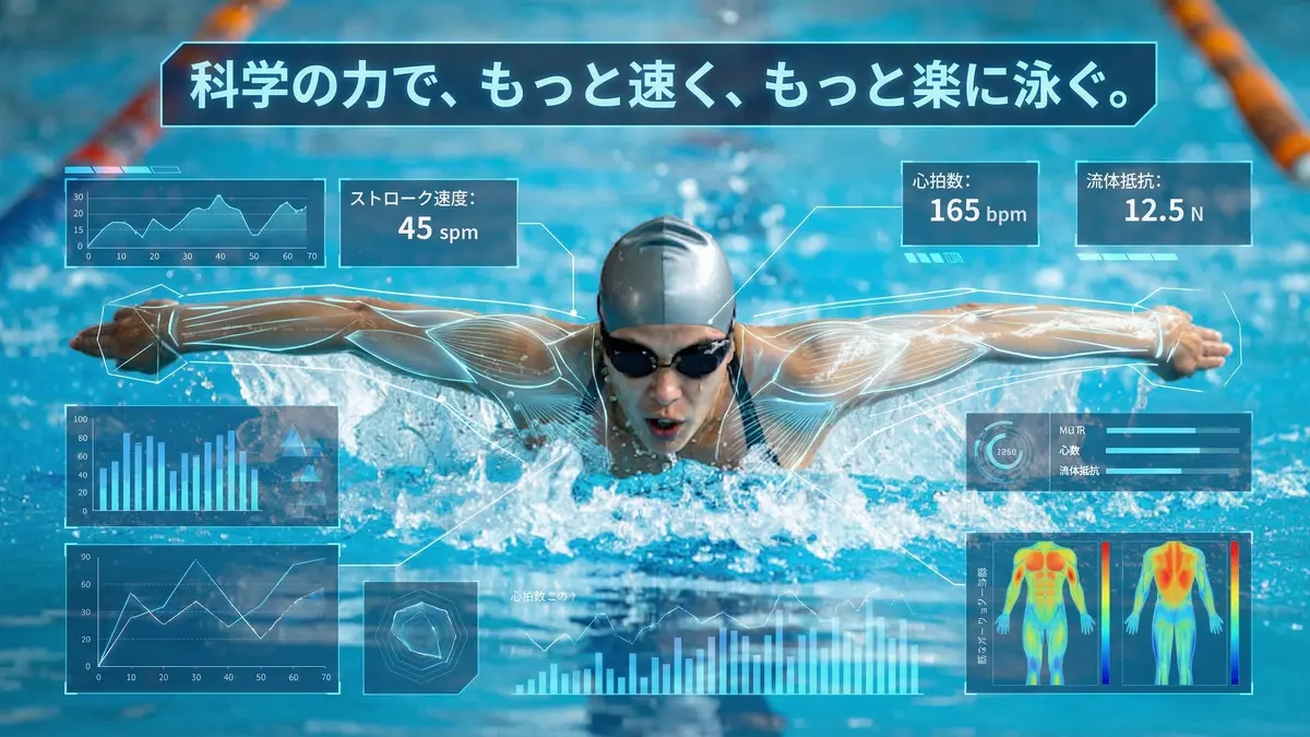 プールで力強く泳ぐスイマー